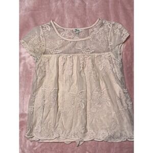 Lily Star‎ Lace Cap Sleeve Peasant Top Blouse Women's Size Small Pink Sheer